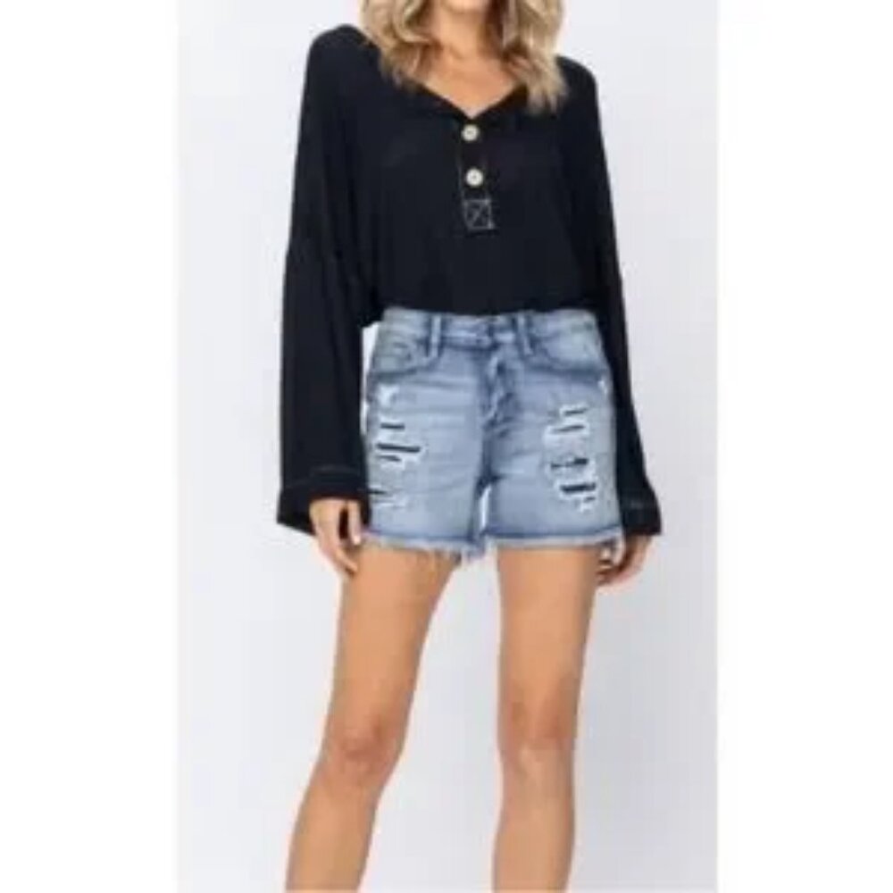 Judy Blue Denim Patch Side Slit Cutoff Jean Shorts Women Blue Size M